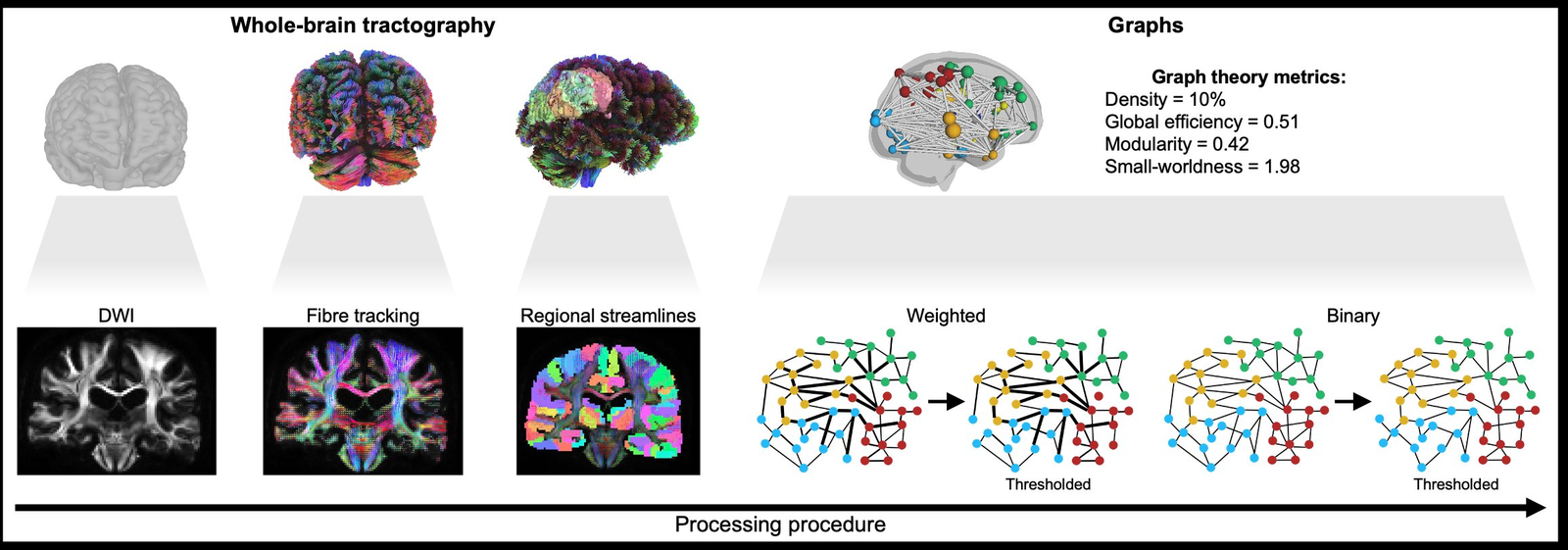 Infographic illustrating fourteen graph-theoretic measures used to characterise brain network topology: degree, strength, characteristic path length, global and local efficiency, modularity, small-worldness, rich-club organisation, hubs, betweenness centrality, subgraph centrality, clustering coefficient, k-core, s-core, and core-periphery structure.